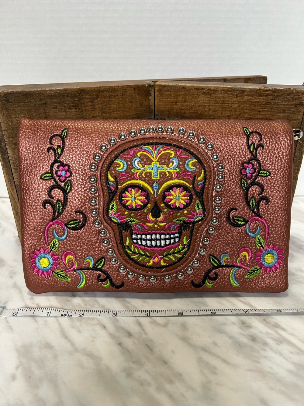 NWT American Bling Sugar Skull Wristlet/Cross Body- Metallic Rose